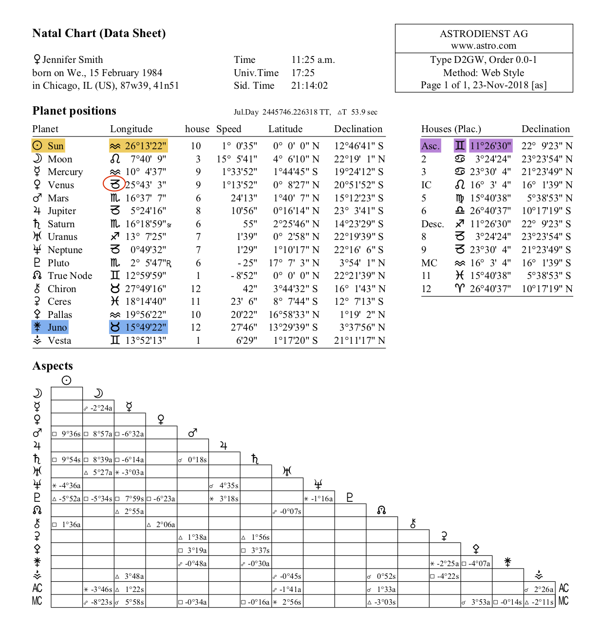 Natal Chart Data Sheet